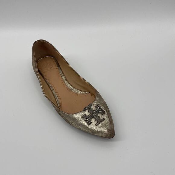 Tory Burch Silver Metallic Leather Ballet Flats Pointed Toe Size 8M - Picture 4 of 9